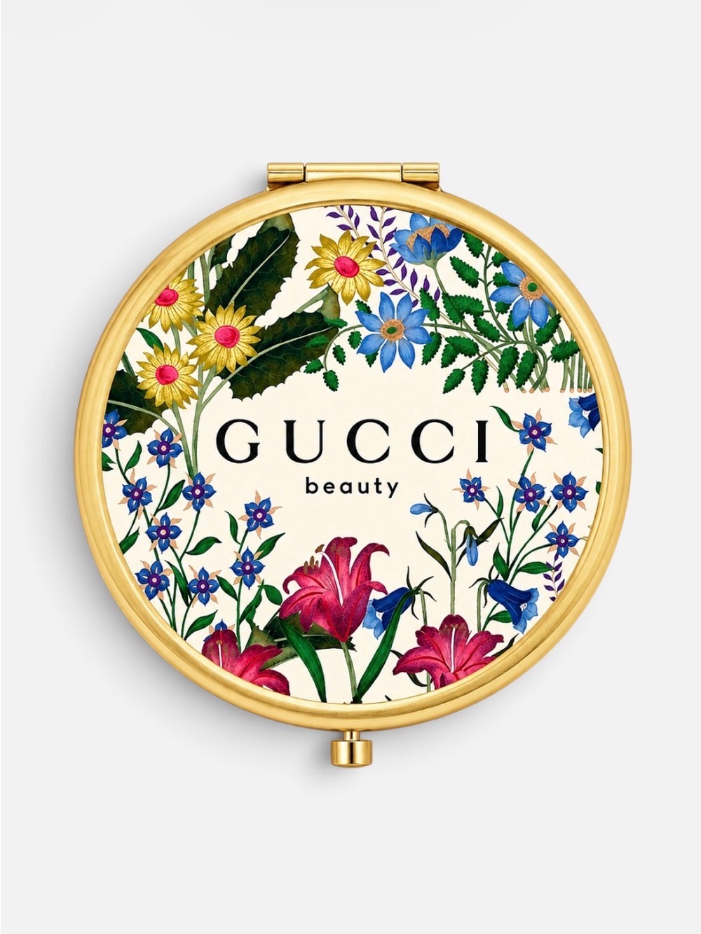 Gucci Floral Compact Mirror in Gold with Multicolor Floral Print